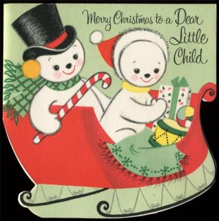 c1950 Vintage Christmas Card Boy & Girl SNOWMEN Riding in Sled UNUSED