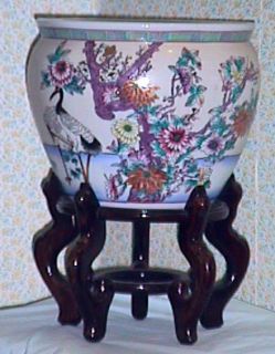 Huge Chinese Porcelain Jardiniere Planter Vase Flower Pot & Wooden 