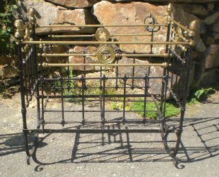 ANTIQUE cast iron & brass baby rocking / rocker crib ornate great 