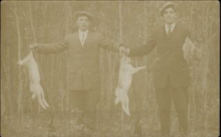 Dapper Men Hunters w Dead Rabbits c1910 Real Photo Postcard