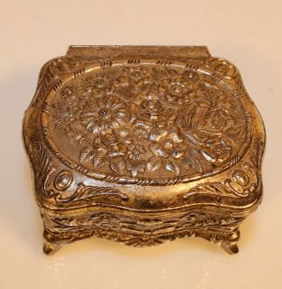 VTG SILVER TONE METAL JEWELRY TRINKET BOX FLORAL DESIGN MADE IN JAPAN