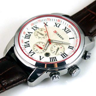 Pretty 6 DIAL CLOCK DAY HOURS HAND DATE WATER BROWN LEATHER MEN WRIST 