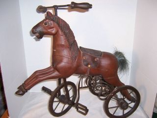ANTIQUE/VINTAGE 19 TALL WOOD & METAL GALLOPING HORSE TRICYCLE 