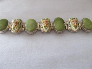   Export Jade & Carved Ox Bone Frogs Sterling Silver Link Bracelet