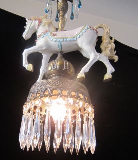 1of2 white Horse Carousel hanging Lamp Chandelier brass plated spelter 