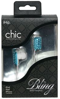 iHip Aqua Blue Chic Crystal Rhinestone Bling Fashion Earphones Earbuds