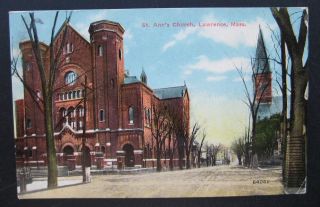 1910 MA. LAWRENCE. ST. ANNS CHURCH. POSTCARD, STAMP POSTMARKED 