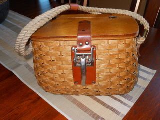 Vintage 1950s Fishermans Style Woven Wicker Leather Rope Basket 