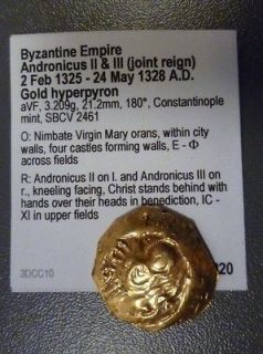Byzantine Empire Andronicus II & III 1325 1328 A.D. Gold Hyperpyron