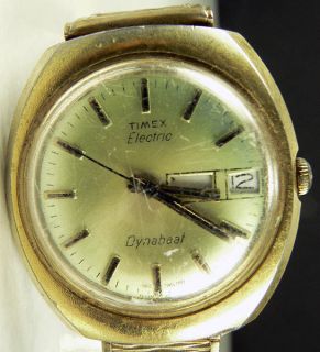 TIMEX Vintage Electric Watch Mens Gold Tone DYNABEAT w/ Day Date 