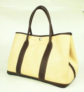 Authentic HERMES Garden Party PM Beige&Brown Canvas Leather Tote Bag 