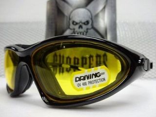 DRIVING MOTORCYCLE RIDING CHOPPERS GLASSES PADDED DAY NIGHT YELLOW 