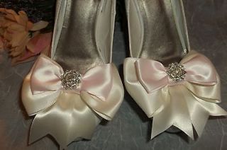 Shoe Clips Pink Ivory Satin Bows, Bridal Wedding Prom womens girls set 