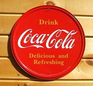 Drink Coca Cola ROUND TIN SIGN Red COKE Vtg Button Logo metal wall 