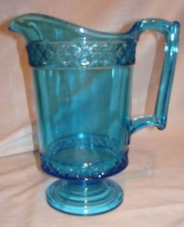 VINTAGE LARGE BLUE DEPRESSION PRESSED GLASS FOOTED WATER PITCHER