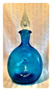 Colbalt Blue Dimpled Cracked Glass Decanter with a Clear Glass Stopper