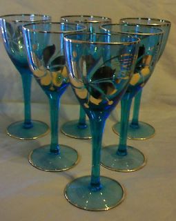 PIECE SET, VINTAGE HUNGARIAN HAND BLOWN BLUE CRYSTAL WINE GLASSES