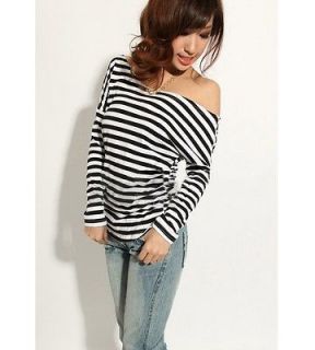   Laconic Style Stripes Patterns Off the Should​er Long Sleeve T Shirt