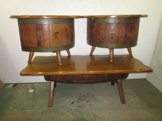 Set of 3 Retro Oak Wine Barrel End Tables & Matching Coffee Table