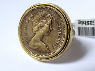 Vtg Antique Carved Elizabeth Coin 1984 Chunky Gold 24K Plated Bronze 