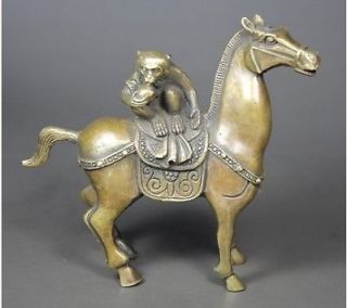Chinese Old Brass Wonderful Handwork Hammered Monkey On Horseback 