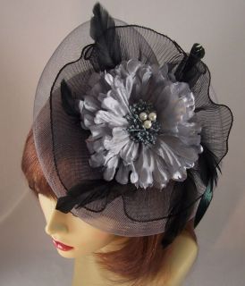 BLACK w/ SILVER GRAY FASCINATOR FEATHER FLOWER Headband Hair Clip