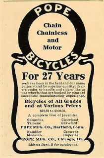 1905 Vintage Ad Pope Bicycle Bike Chain Chainless Motor   ORIGINAL 