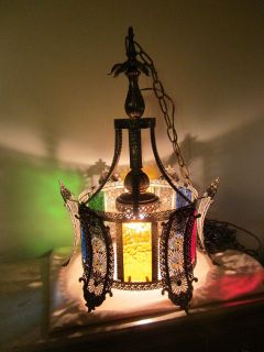 Vintage 1940s 50s Brass & Stained GlassChandelie​r Lamp Light