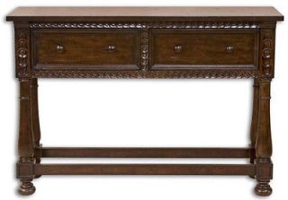 Console Table 2 Storage Drawers Jacobean Stained Finish Solid Sturdy 
