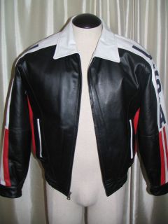 USA Black White Leather Flag Stars Lined Jacket Coat S