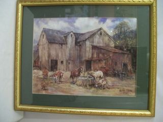 SIGNED LESLIE COPE 1993 BARN WITH HORSES AND COWS PRINT #D883