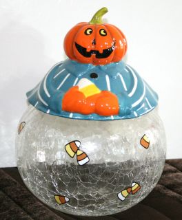   BARREL Cookie Jar Halloween Trick or Treat Pumpkin Candy Corn Jack O