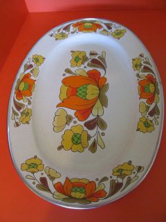 Vtg Sanko Ware   Porcelian Enamelware Steel Platter Country Flowers 