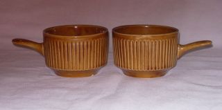 Old Vintage Blue John Pottery Handled Soup Bowls Ribbed Brown