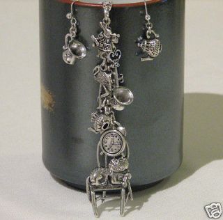   Wonderland Key Clock Rabbit Cheshire Cat Necklace+Tea pot Cup Earrings