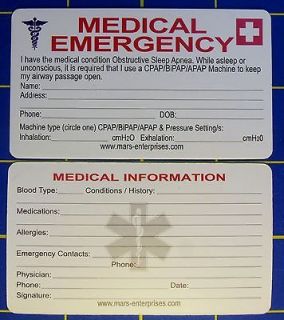 SLEEP APNEA MEDICAL EMERGENCY CARD FOR CPAP/BIPAP USERS**