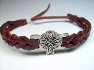 Newly listed Silver Black Leather Celtic Cross Bracelet Wristband Cuff 