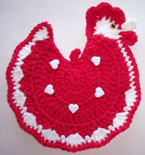   Valentine Chicken Potholder Made From Cotton Yarns and Heart Buttons