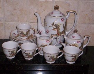   Dragonware Tea Set Teapot w/Lid Creamer Sugar Lid 5 Cup 6 Saucers