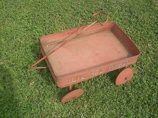 VINTAGE METAL RED WAGON PULL TOY, ANTIQUE LITTLE RED WAGON WITH METAL 