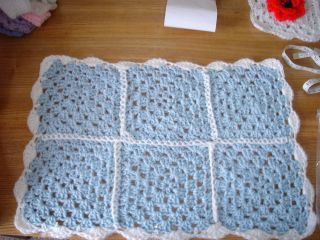 brand new baby,doll blanket hand knitted crochet,blue with white,car 