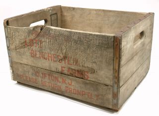 Vintage MILK CRATE Wood BOX Metal Ends LOTZ BENCHESTER FARMS Clifton 