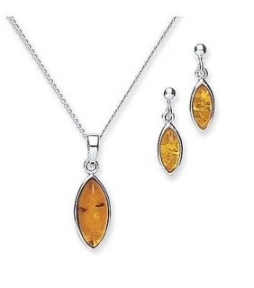 Sterling Silver Marquis Amber Pendant & Drop Earring Set