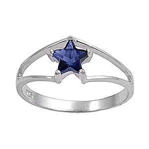   Silver Blue Sapphire Star Shaped CZ Ring Rhodium Finish Band Solid 925