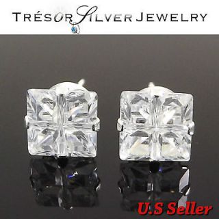 mens womens sterling silver 6mm clear square cubic zirconia hip hop 