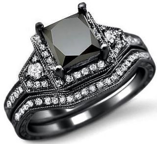 0CT PRINCESS BLACK DIAMOND ENGAGEMENT RING BRIDAL SET 14K BLACK GOLD