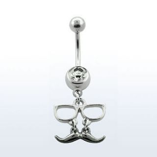 Surgical Steel Dangling Eyeglass and Silver tone Mustache Belly Ring