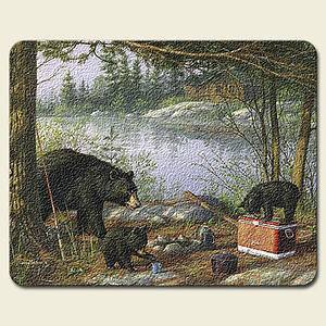 NEW Tempered Glass Cutting Cheese Board 8x10 Black Bear Family