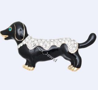 Black Enamel Weiner Dog Dachshund Rhinestone Crystal Brooch Pin VB739