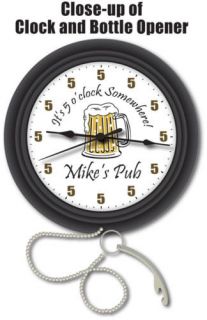 PERSONALIZED WALL CLOCK with BEER BOTTLE OPENER Bar Pub Man Cave 